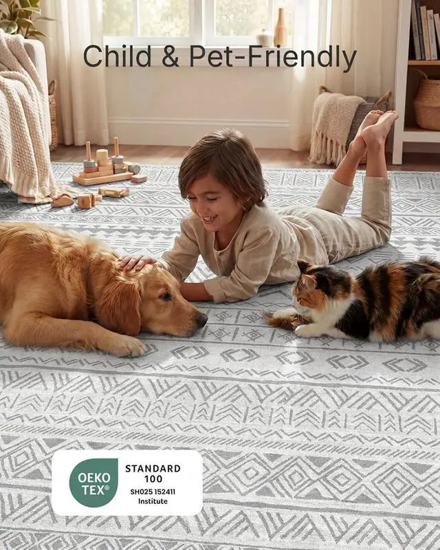 Alt view image 3 of 7 - AMADA HOMEFURNISHING 9x12 Washable Area Rugs, Grey Boho Geometric Low-Pile Rug with Non-Slip Backing, Stain Resistance & Durable Edge Binding, Soft Indoor Carpet for Living Room, Bedroom, Dining Room