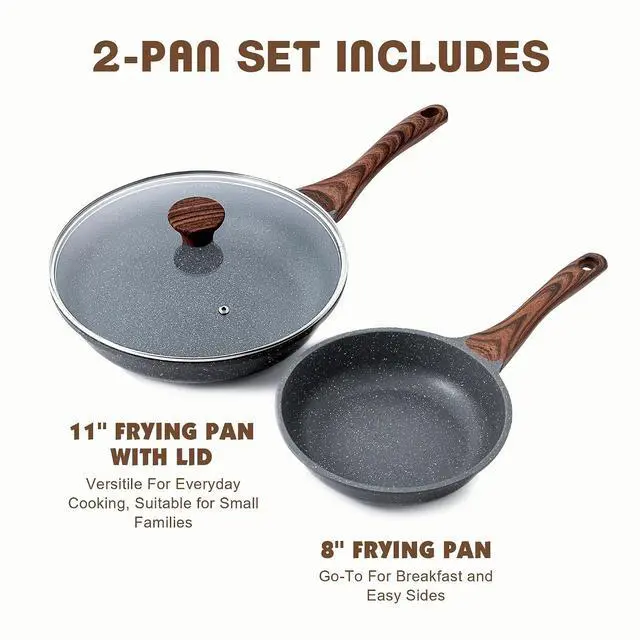 Alt view image 3 of 6 - Nonstick Frying Pan Skillets, Swiss Granite Coating Omelette Pans, Healthy Cookware Chef's Pan, Free of Intentionally Added PFOA (8+11Inch with Lid)