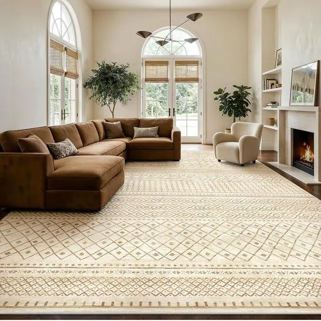 Main image of Amada Homefurnishing 10x14 Washable Area Rugs, Beige Boho Geometric Low-Pile Rug and Non-Slip Backing, Stain Resistance & Durable Edge Binding, Soft Indoor Carpet for Living Room, Bedroom, Dining Room