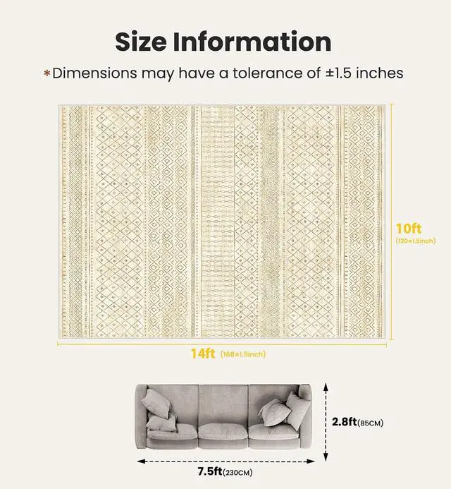 Alt view image 2 of 7 - Amada Homefurnishing 10x14 Washable Area Rugs, Beige Boho Geometric Low-Pile Rug and Non-Slip Backing, Stain Resistance & Durable Edge Binding, Soft Indoor Carpet for Living Room, Bedroom, Dining Room