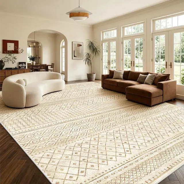 Alt view image 3 of 7 - Amada Homefurnishing 10x14 Washable Area Rugs, Beige Boho Geometric Low-Pile Rug and Non-Slip Backing, Stain Resistance & Durable Edge Binding, Soft Indoor Carpet for Living Room, Bedroom, Dining Room