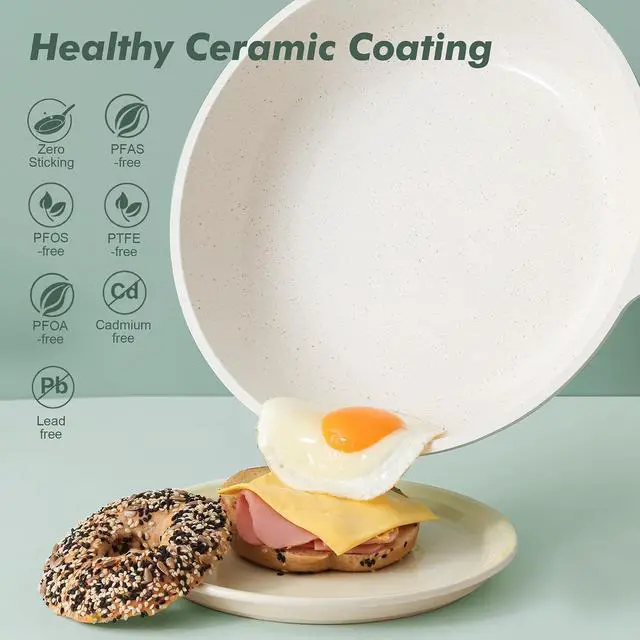 Alt view image 2 of 7 - Nonstick Ceramic Frying Pan with Lid 11 Inch Omelet Pan Skillet, Free of Intentionally Added PFAS/PTFE Non-toxic Chef's Pan Induction Compatible Pan, Heat Resistant Handle, Mint Green