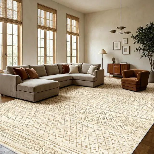 Alt view image 5 of 7 - Amada Homefurnishing 10x14 Washable Area Rugs, Beige Boho Geometric Low-Pile Rug and Non-Slip Backing, Stain Resistance & Durable Edge Binding, Soft Indoor Carpet for Living Room, Bedroom, Dining Room