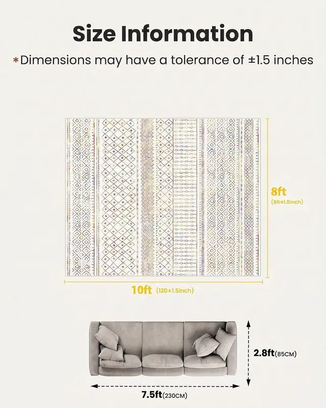 Alt view image 2 of 7 - Amada Homefurnishing 8x10 Washable Area Rugs, Multicolor Boho Geometric Low-Pile and Non-Slip Backing, Stain Resistance & Durable Edge Binding, Soft Indoor Carpet for Living Room, Bedroom, Dining Room