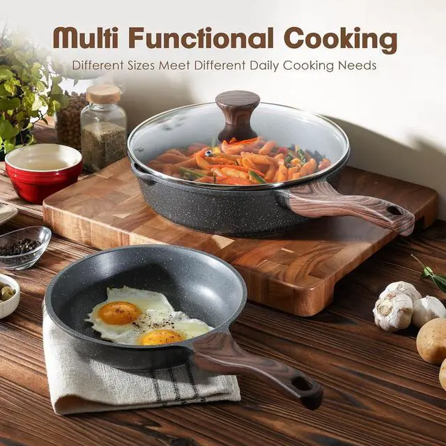 Alt view image 5 of 6 - Nonstick Frying Pan Skillets, Swiss Granite Coating Omelette Pans, Healthy Cookware Chef's Pan, Free of Intentionally Added PFOA (8 Inch Frying Pan and 3.5QT Saute Pan)