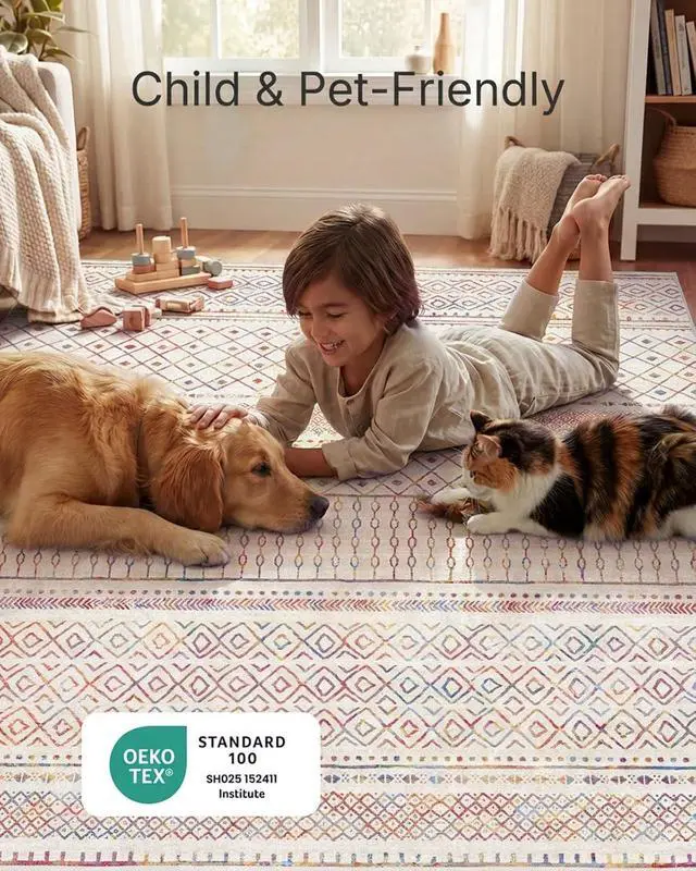 Alt view image 3 of 7 - Amada Homefurnishing 8x10 Washable Area Rugs, Multicolor Boho Geometric Low-Pile and Non-Slip Backing, Stain Resistance & Durable Edge Binding, Soft Indoor Carpet for Living Room, Bedroom, Dining Room