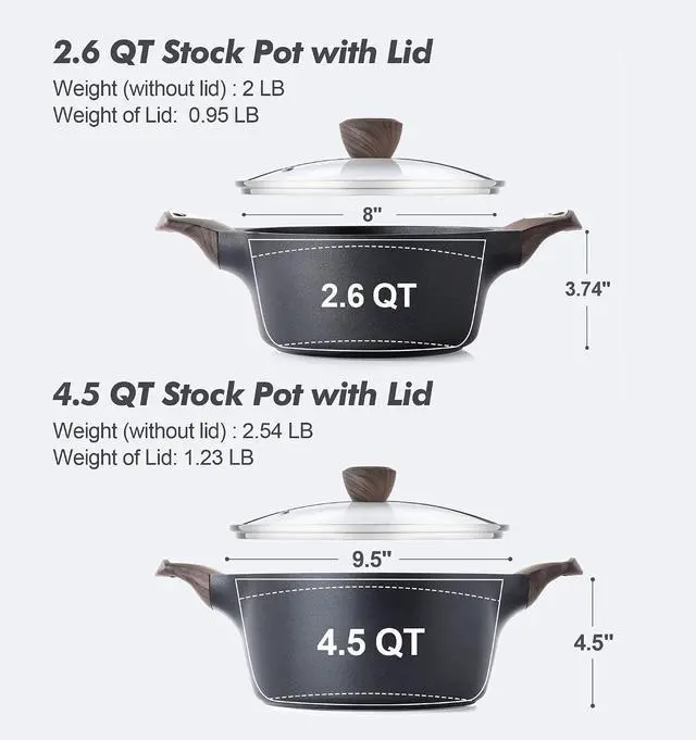 Alt view image 2 of 7 - Nonstick Stock Pot with Lid, 2.6+4.5 QT Soup Pot Set Casserole Pot, Healthy Pasta Pot, Large Deep Cooking Pot, Big Sauce Pot Stew Pot, Induction Compatible, PFOA PFOS APEO Free, Black