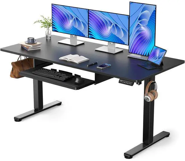Main image of ErGear Large Electric Standing Desk with Keyboard Tray, 63x28 Inches Adjustable Height Sit Stand Up Desk, Home Office Desk Computer Workstation, Black
