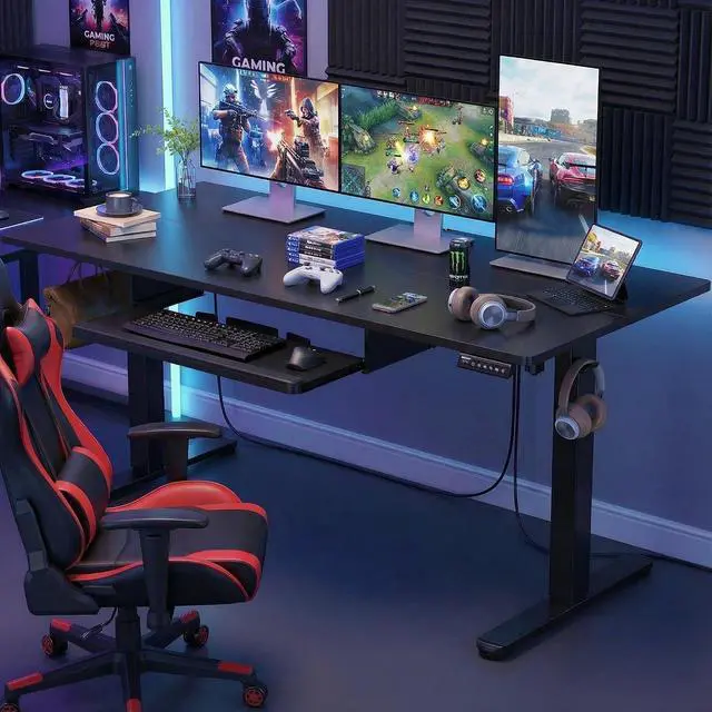 Alt view image 2 of 7 - ErGear Large Electric Standing Desk with Keyboard Tray, 63x28 Inches Adjustable Height Sit Stand Up Desk, Home Office Desk Computer Workstation, Black