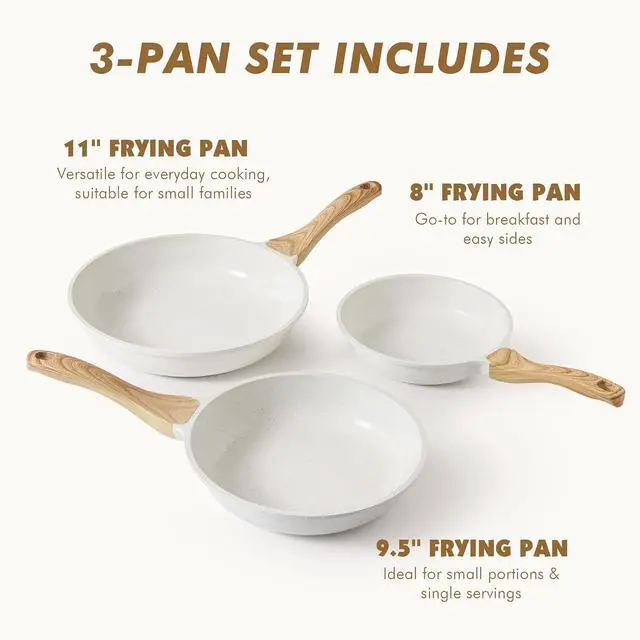 Alt view image 3 of 7 - Nonstick Frying Pan Skillets, White Ceramic Coating Omelette Pans, Healthy Cookware Chef's Pan, PTFE & PFAS Free (8+9.5+11 Inch)