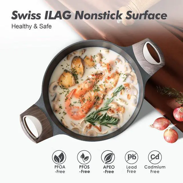 Alt view image 3 of 7 - 9.5inch Nonstick Frying Pan Skillet with Lid,Free of Intentionally Added PFOA,4.5QT Nonstick Stock Pot with Lid,Induction Compatible