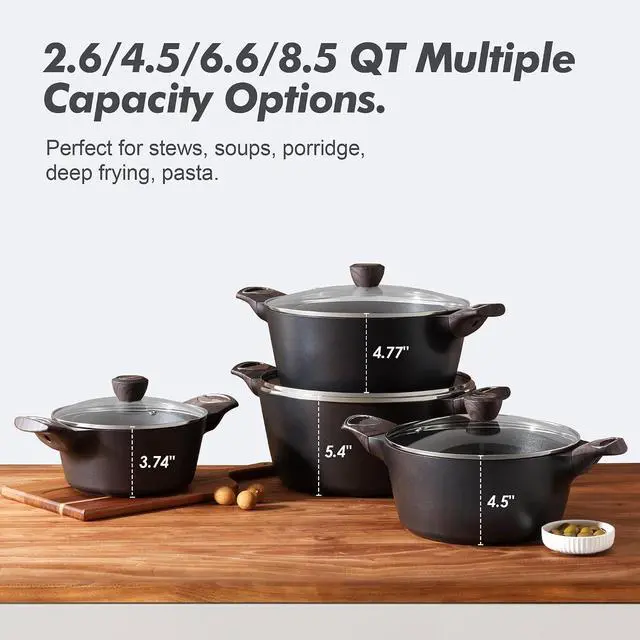 Alt view image 4 of 7 - Nonstick Stock Pot with Lid, 4.5+6.6 QT Soup Pot Set Casserole Pot, Healthy Pasta Pot, Large Deep Cooking Pot, Big Sauce Pot Stew Pot, Induction Compatible, PFOA PFOS APEO Free, Black