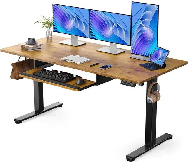 Main image of ErGear Large Electric Standing Desk with Keyboard Tray, 63x28 Inches Large Adjustable Height Sit Stand Up Desk, Home Office Desk Computer Workstation, Vintage Brown