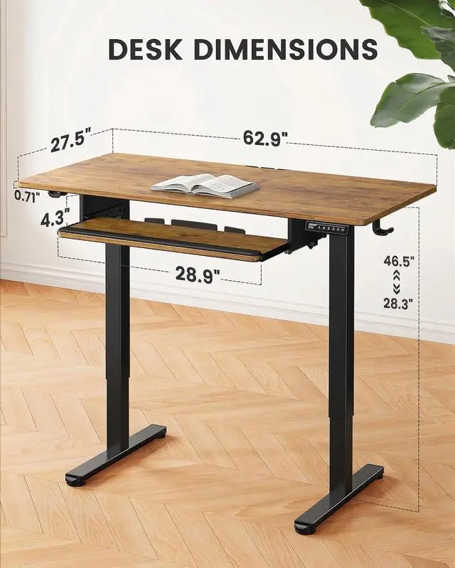 Alt view image 3 of 7 - ErGear Large Electric Standing Desk with Keyboard Tray, 63x28 Inches Large Adjustable Height Sit Stand Up Desk, Home Office Desk Computer Workstation, Vintage Brown