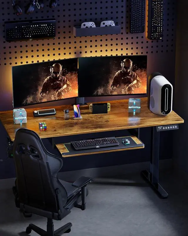 Alt view image 7 of 7 - ErGear Large Electric Standing Desk with Keyboard Tray, 63x28 Inches Large Adjustable Height Sit Stand Up Desk, Home Office Desk Computer Workstation, Vintage Brown