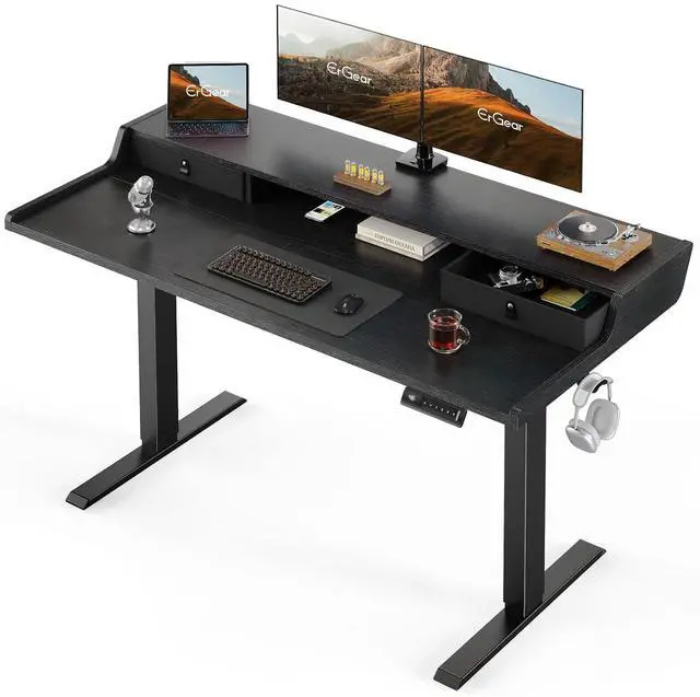 Main image of ErGear Electric Standing Desk with Drawers, 55 x 28 Gaming Table Compatible Monitor Stand, Stand up Desks, Home Office Height-Adjustable Desk with Storage Shelf, 4 Preset Heights, Black