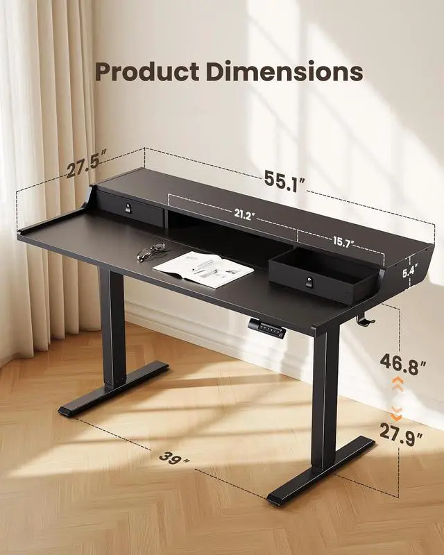 Alt view image 2 of 7 - ErGear Electric Standing Desk with Drawers, 55 x 28 Gaming Table Compatible Monitor Stand, Stand up Desks, Home Office Height-Adjustable Desk with Storage Shelf, 4 Preset Heights, Black