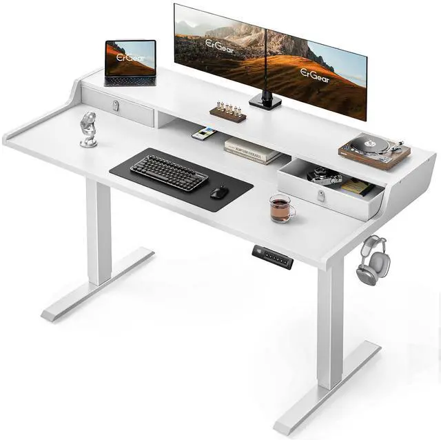 Main image of ErGear Electric Standing Desk with Drawers, 55 x 28 Gaming Table Compatible Monitor Stand, Stand up Desks, Home Office Height-Adjustable Desk with Storage Shelf, 4 Preset Heights, White