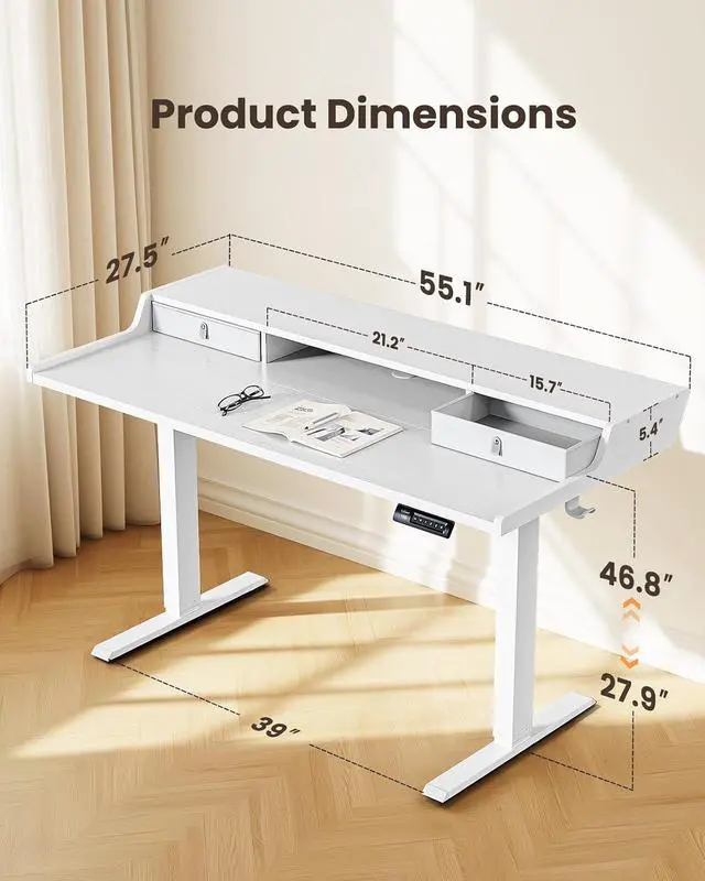 Alt view image 2 of 7 - ErGear Electric Standing Desk with Drawers, 55 x 28 Gaming Table Compatible Monitor Stand, Stand up Desks, Home Office Height-Adjustable Desk with Storage Shelf, 4 Preset Heights, White