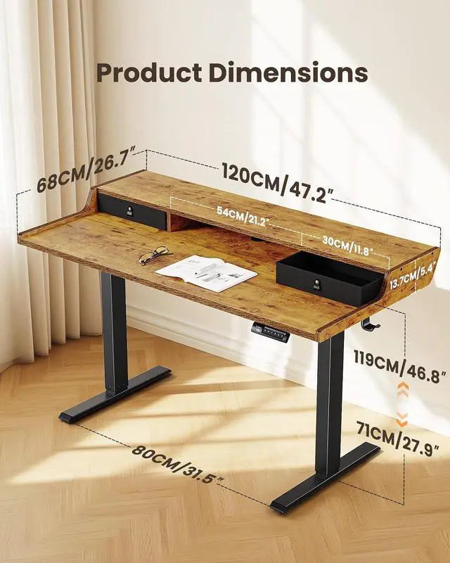Alt view image 3 of 6 - ErGear Electric Standing Desk with Drawers, 48 x 24 Gaming Table Compatible Monitor Stand, Stand up Desks, Home Office Height-Adjustable Desk with Storage Shelf, 4 Preset Heights, Vintage Brown