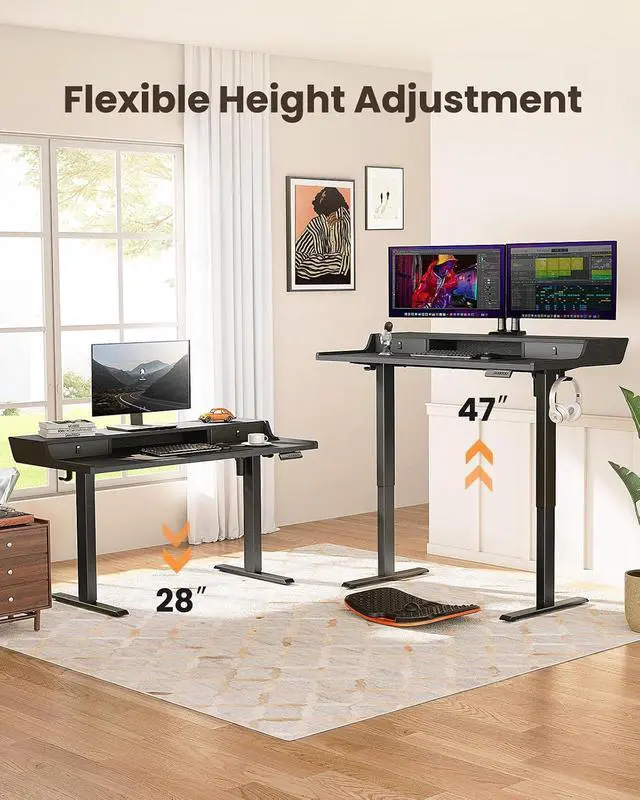 Alt view image 3 of 7 - ErGear Electric Standing Desk with Drawers, 55 x 28 Gaming Table Compatible Monitor Stand, Stand up Desks, Home Office Height-Adjustable Desk with Storage Shelf, 4 Preset Heights, Black