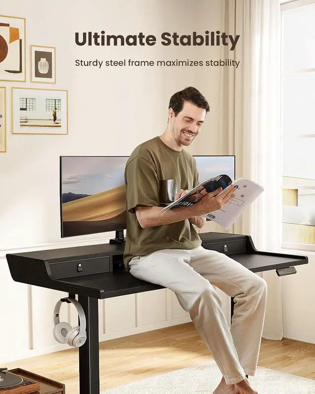 Alt view image 4 of 7 - ErGear Electric Standing Desk with Drawers, 55 x 28 Gaming Table Compatible Monitor Stand, Stand up Desks, Home Office Height-Adjustable Desk with Storage Shelf, 4 Preset Heights, Black