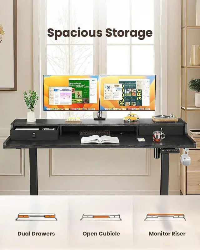 Alt view image 5 of 7 - ErGear Electric Standing Desk with Drawers, 55 x 28 Gaming Table Compatible Monitor Stand, Stand up Desks, Home Office Height-Adjustable Desk with Storage Shelf, 4 Preset Heights, Black