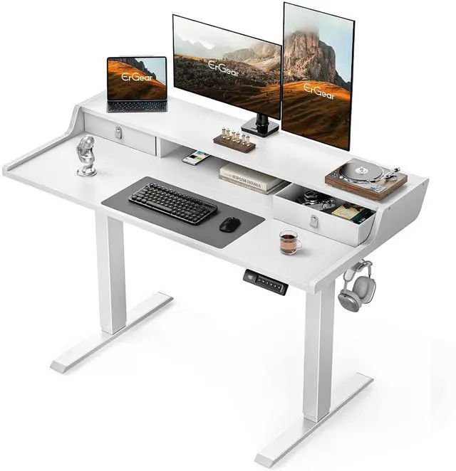 Main image of ErGear Electric Standing Desk with Drawers, 48 x 24 Gaming Table Compatible Monitor Stand, Stand up Desks, Home Office Height-Adjustable Desk with Storage Shelf, 4 Preset Heights, White