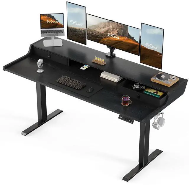 Main image of ErGear Electric Standing Desk with Drawers, 63 x 28 Gaming Table Compatible Monitor Stand, Stand up Desks, Home Office Height-Adjustable Desk with Storage Shelf, 4 Preset Heights, Black