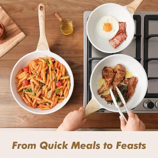 Alt view image 6 of 7 - Nonstick Frying Pan Skillets, White Ceramic Coating Omelette Pans, Healthy Cookware Chef's Pan, PTFE & PFAS Free (8+9.5+11 Inch)
