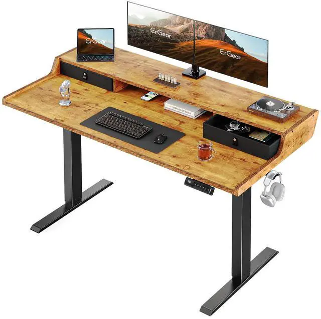 Main image of ErGear Electric Standing Desk with Drawers, 48 x 24 Gaming Table Compatible Monitor Stand, Stand up Desks, Home Office Height-Adjustable Desk with Storage Shelf, 4 Preset Heights, Vintage Brown
