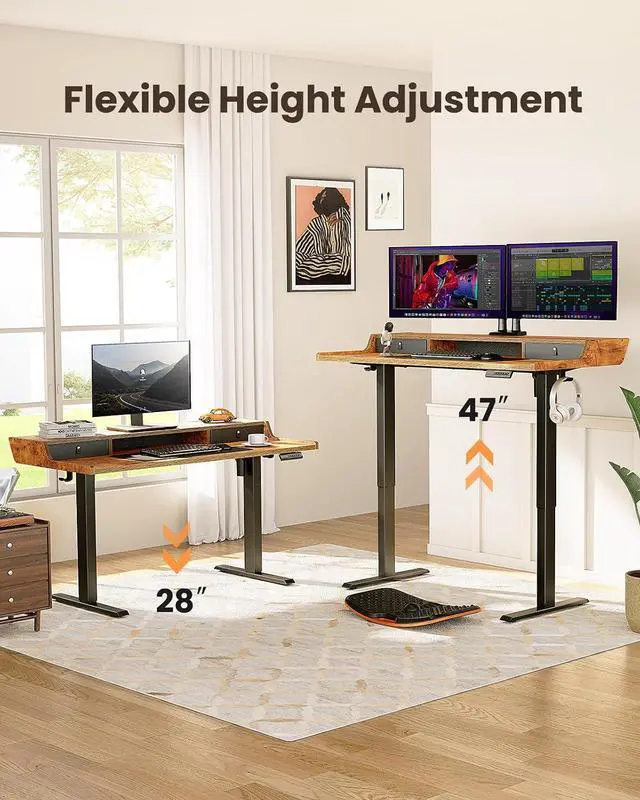 Alt view image 5 of 6 - ErGear Electric Standing Desk with Drawers, 48 x 24 Gaming Table Compatible Monitor Stand, Stand up Desks, Home Office Height-Adjustable Desk with Storage Shelf, 4 Preset Heights, Vintage Brown