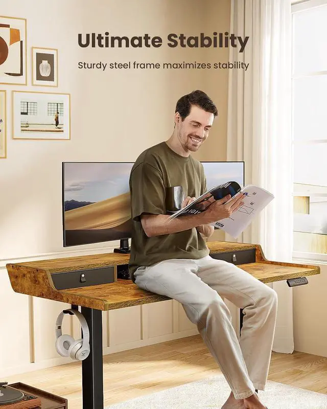 Alt view image 6 of 6 - ErGear Electric Standing Desk with Drawers, 48 x 24 Gaming Table Compatible Monitor Stand, Stand up Desks, Home Office Height-Adjustable Desk with Storage Shelf, 4 Preset Heights, Vintage Brown