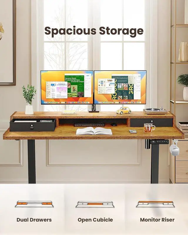 Alt view image 2 of 6 - ErGear Electric Standing Desk with Drawers, 48 x 24 Gaming Table Compatible Monitor Stand, Stand up Desks, Home Office Height-Adjustable Desk with Storage Shelf, 4 Preset Heights, Vintage Brown