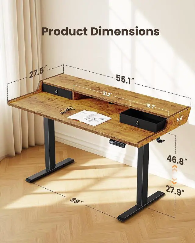 Alt view image 2 of 7 - ErGear Electric Standing Desk with Drawers, 55 x 28 Gaming Table Compatible Monitor Stand, Stand up Desks, Home Office Height-Adjustable Desk with Storage Shelf, 4 Preset Heights, Vintage Brown