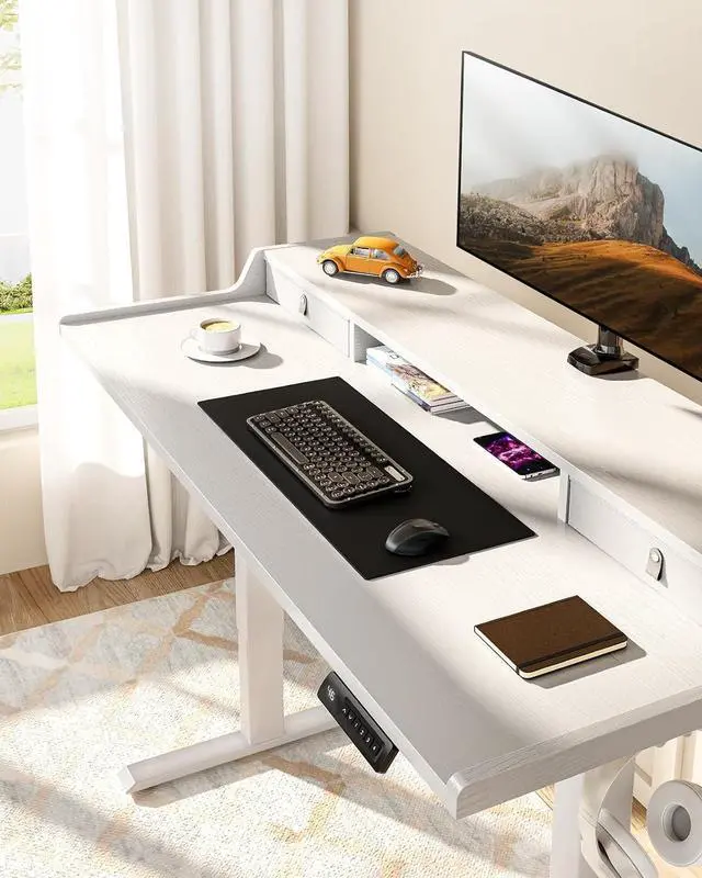 Alt view image 2 of 7 - ErGear Electric Standing Desk with Drawers, 48 x 24 Gaming Table Compatible Monitor Stand, Stand up Desks, Home Office Height-Adjustable Desk with Storage Shelf, 4 Preset Heights, White