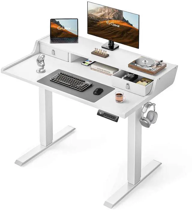 Main image of ErGear Electric Standing Desk with Drawers, 40 x 24 Small Gaming Table Compatible Monitor Stand, Stand up Desks, Home Office Height-Adjustable Desk with Storage Shelf, 4 Preset Heights, White