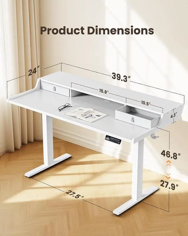 Alt view image 3 of 7 - ErGear Electric Standing Desk with Drawers, 40 x 24 Small Gaming Table Compatible Monitor Stand, Stand up Desks, Home Office Height-Adjustable Desk with Storage Shelf, 4 Preset Heights, White