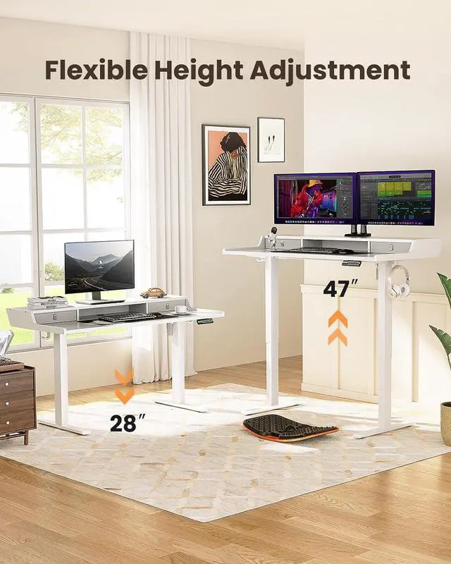 Alt view image 3 of 7 - ErGear Electric Standing Desk with Drawers, 55 x 28 Gaming Table Compatible Monitor Stand, Stand up Desks, Home Office Height-Adjustable Desk with Storage Shelf, 4 Preset Heights, White