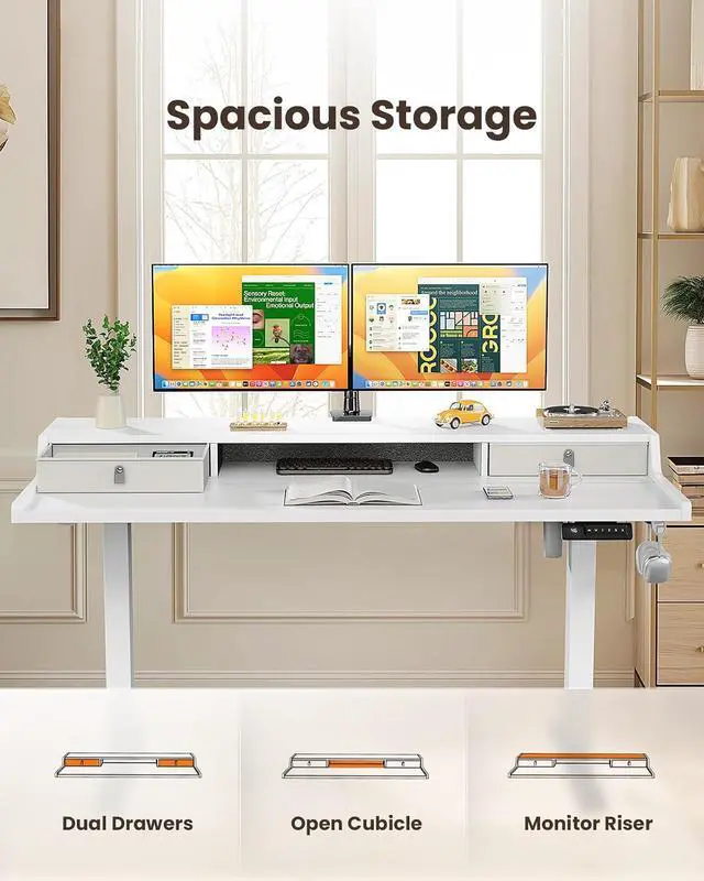 Alt view image 5 of 7 - ErGear Electric Standing Desk with Drawers, 55 x 28 Gaming Table Compatible Monitor Stand, Stand up Desks, Home Office Height-Adjustable Desk with Storage Shelf, 4 Preset Heights, White