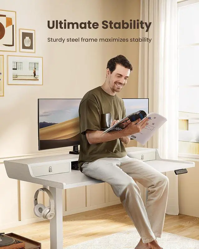 Alt view image 4 of 7 - ErGear Electric Standing Desk with Drawers, 55 x 28 Gaming Table Compatible Monitor Stand, Stand up Desks, Home Office Height-Adjustable Desk with Storage Shelf, 4 Preset Heights, White