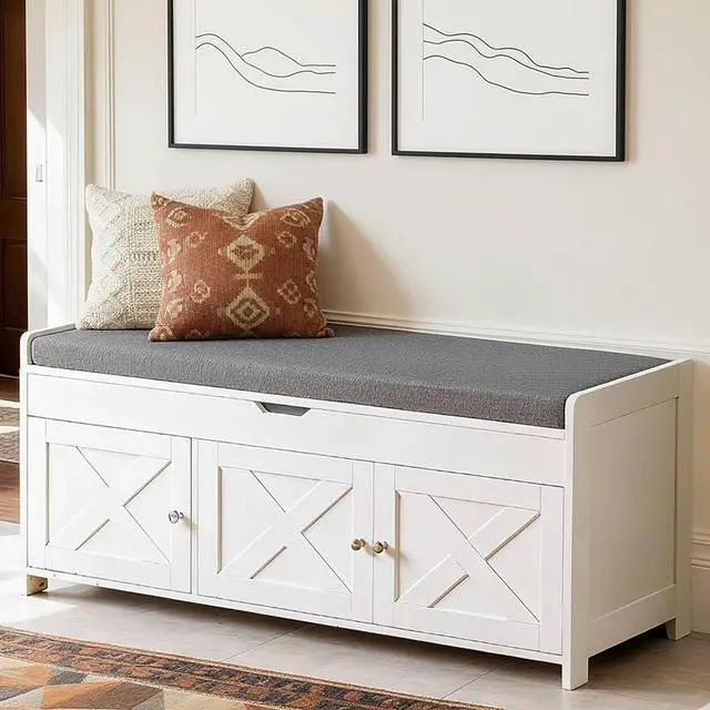 Main image of Amada Farmhouse Shoe Storage Bench with Cushion, 3 Doors & Lift-Top Storage, Adjustable Shelves, 300 lbs Capacity Entryway Bench for Bedroom, Living Room, Classic White