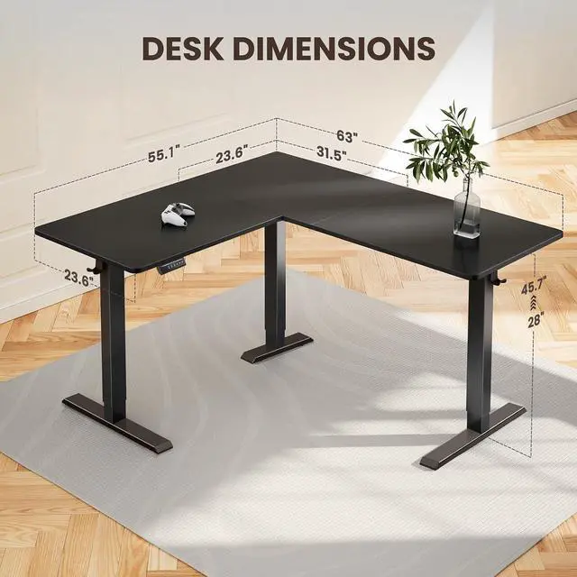 Alt view image 3 of 7 - ErGear L Shaped Standing Desk, 63"x55" Electric Adjustable Height Sit Stand up Desk, Ergonomic Large Computer Table, Left & Right Interchangeable Installation, Suitable for Home Office, Black