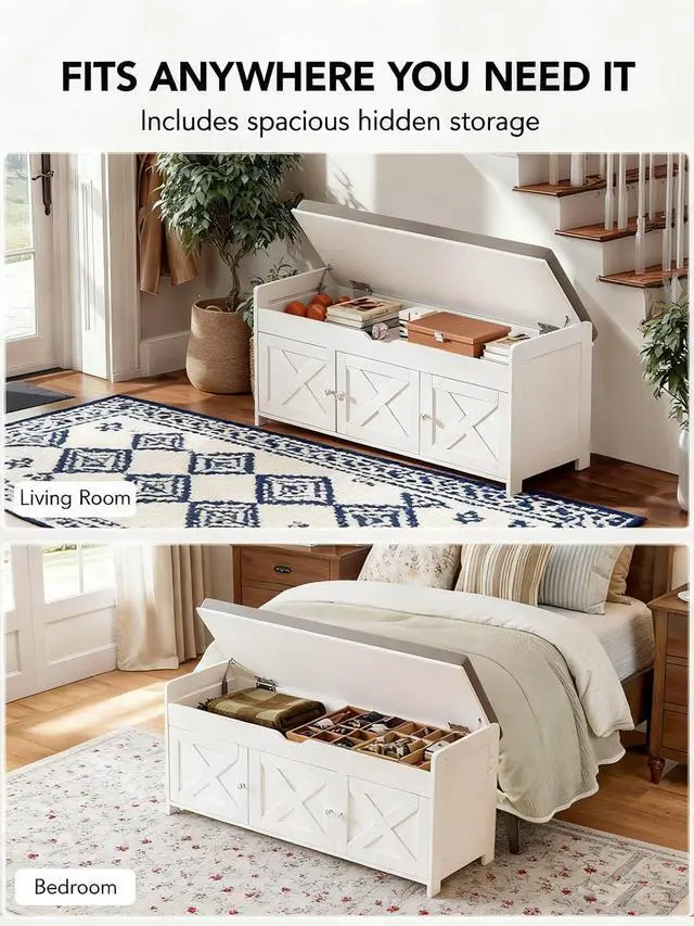 Alt view image 3 of 6 - Amada Farmhouse Shoe Storage Bench with Cushion, 3 Doors & Lift-Top Storage, Adjustable Shelves, 300 lbs Capacity Entryway Bench for Bedroom, Living Room, Classic White