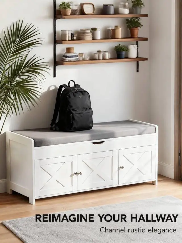 Alt view image 6 of 6 - Amada Farmhouse Shoe Storage Bench with Cushion, 3 Doors & Lift-Top Storage, Adjustable Shelves, 300 lbs Capacity Entryway Bench for Bedroom, Living Room, Classic White
