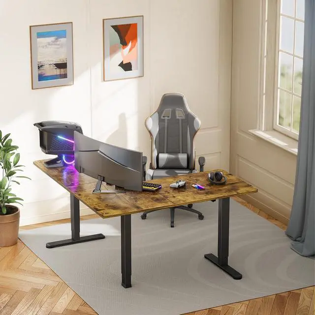 Alt view image 2 of 7 - ErGear L Shaped Standing Desk, 63"x55" Electric Adjustable Height Sit Stand up Desk, Ergonomic Large Computer Table, Left & Right Interchangeable Installation, Suitable for Home Office, Vintage Brown