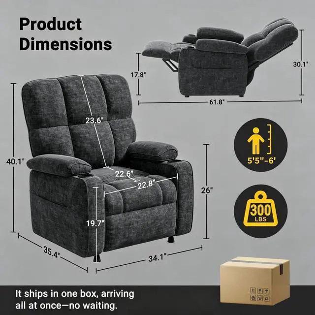 Alt view image 2 of 6 - Pipishell Power Recliner Chair for Adults, One-Touch Synchronized Reclining, Oeko-TEX Chenille Fabric Electric Recliner with USB Ports, Cup Holder & Side Pockets, for Living Room & Bedroom