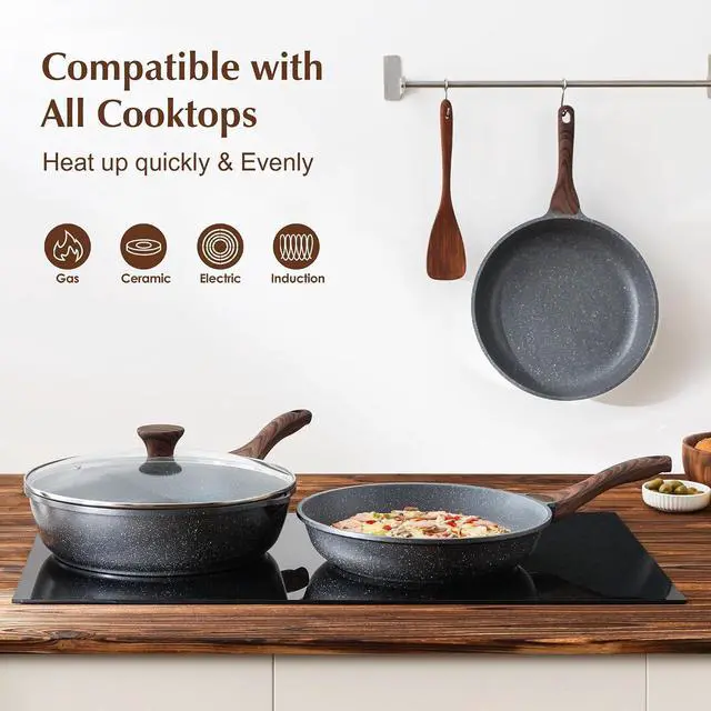Alt view image 3 of 7 - Nonstick Frying Pan Skillet, Swiss Granite Coating Omelette Pan, Healthy Stone Cookware Chef's Pan, PFOA Free (9.5 Inch)