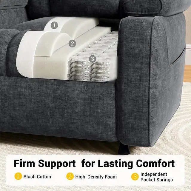 Alt view image 4 of 6 - Pipishell Power Recliner Chair for Adults, One-Touch Synchronized Reclining, Oeko-TEX Chenille Fabric Electric Recliner with USB Ports, Cup Holder & Side Pockets, for Living Room & Bedroom