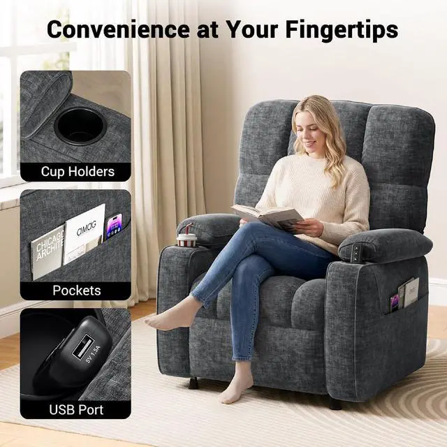 Alt view image 5 of 6 - Pipishell Power Recliner Chair for Adults, One-Touch Synchronized Reclining, Oeko-TEX Chenille Fabric Electric Recliner with USB Ports, Cup Holder & Side Pockets, for Living Room & Bedroom